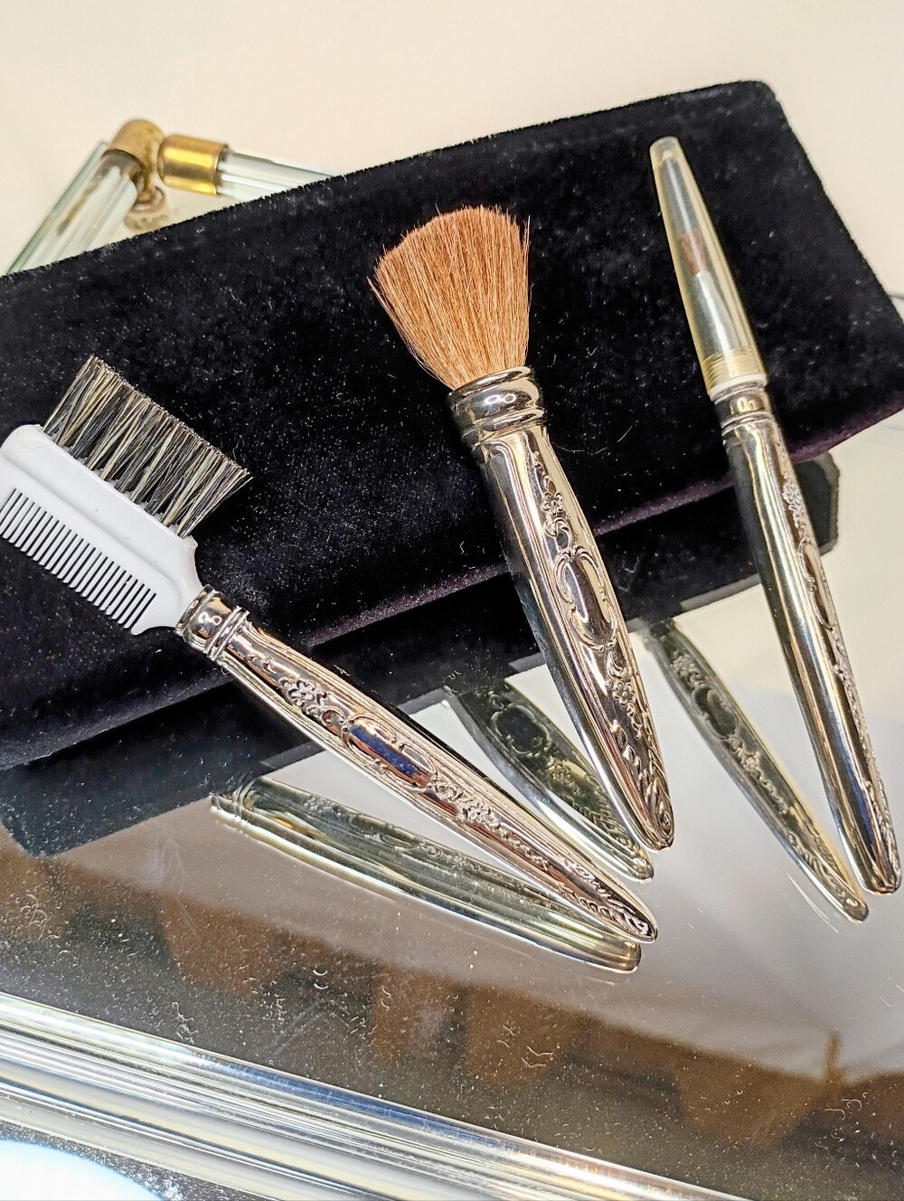 Neiman Marcus Silver Engraved Makeup Brush Set
